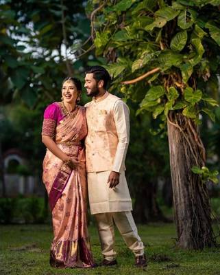Peach wine silk blend banarasi saree with unstitched blouse piece 3