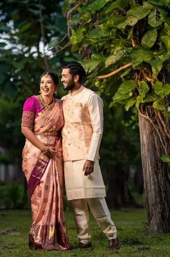 Peach wine silk blend banarasi saree with unstitched blouse piece
