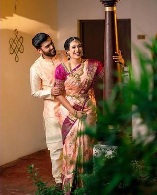 Peach wine silk blend banarasi saree with unstitched blouse piece 5