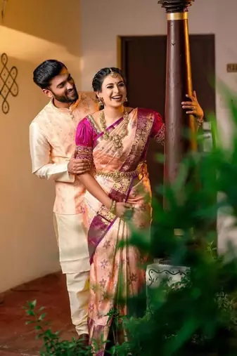 Peach wine silk blend banarasi saree with unstitched blouse piece