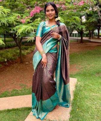 Black sky blue silk blend banarasi saree with unstitched blouse piece 1