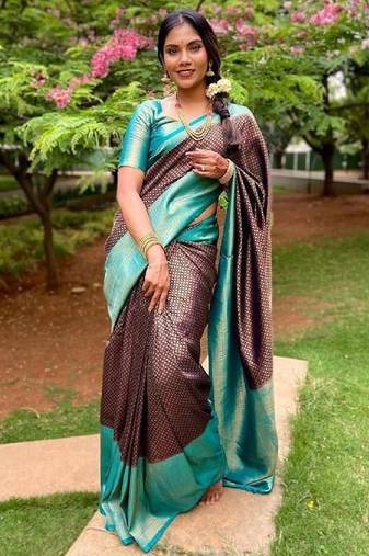 Black sky blue soft silk blend banarasi jacuard work designer party wear saree with unstitched blouse piece