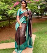 Black sky blue silk blend banarasi saree with unstitched blouse piece