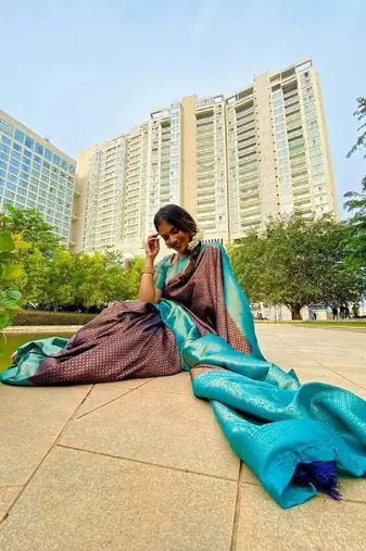Black sky blue silk blend banarasi saree with unstitched blouse piece