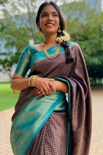 Black sky blue silk blend banarasi saree with unstitched blouse piece