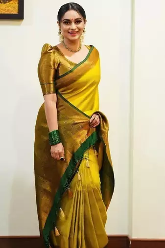 Yellow green soft silk blend banarasi jacuard work designer party wear saree with unstitched blouse piece
