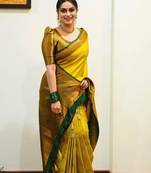 Yellow green silk blend banarasi saree with unstitched blouse piece