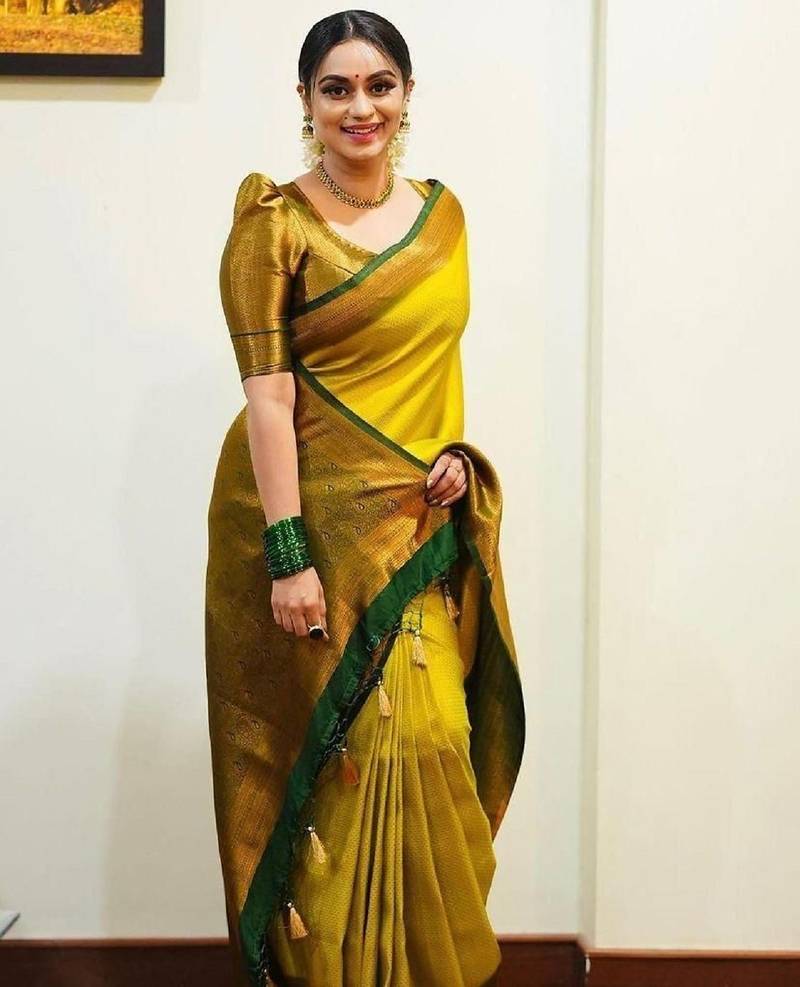 Yellow green soft silk blend banarasi jacuard work designer party wear saree with unstitched blouse piece