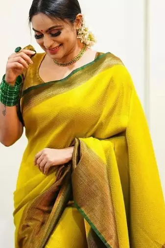 Yellow green silk blend banarasi saree with unstitched blouse piece