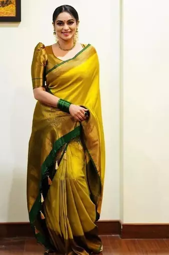 Yellow green silk blend banarasi saree with unstitched blouse piece