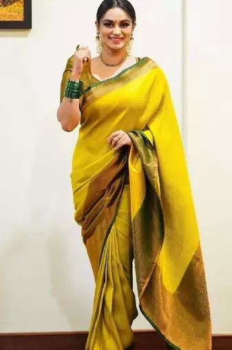 Yellow green silk blend banarasi saree with unstitched blouse piece
