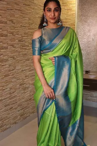 Parrot blue soft silk blend banarasi jacuard work designer party wear saree with unstitched blouse piece