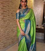Parrot blue silk blend banarasi saree with unstitched blouse piece