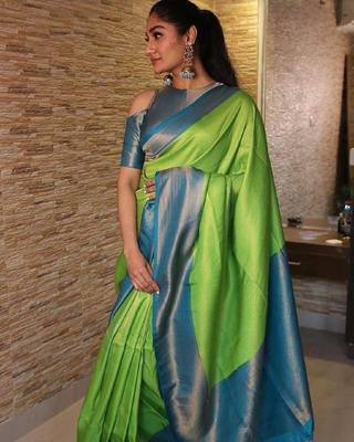 Parrot blue silk blend banarasi saree with unstitched blouse piece 3