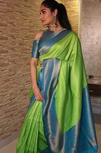 Parrot blue silk blend banarasi saree with unstitched blouse piece