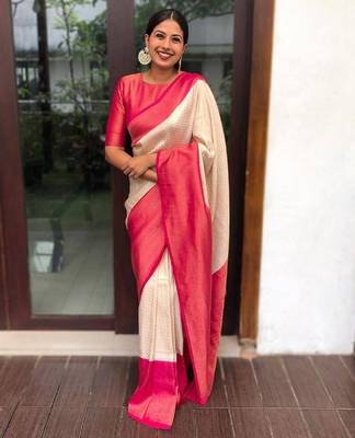 Off white pink silk blend banarasi saree with unstitched blouse piece 1
