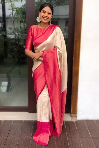 Off white pink soft silk blend banarasi jacuard work designer party wear saree with unstitched blouse piece