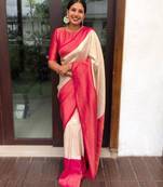 Off white pink silk blend banarasi saree with unstitched blouse piece