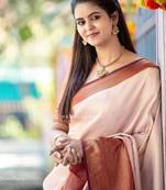 Off white brown silk blend banarasi saree with unstitched blouse piece