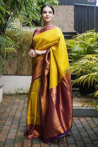 Yellow maroon soft silk blend banarasi jacuard work designer party wear saree with unstitched blouse piece