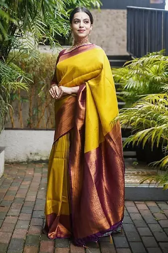 Yellow maroon soft silk blend banarasi jacuard work designer party wear saree with unstitched blouse piece
