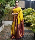 Yellow maroon silk blend banarasi saree with unstitched blouse piece