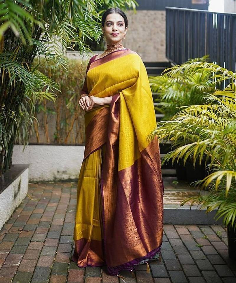 Yellow maroon soft silk blend banarasi jacuard work designer party wear saree with unstitched blouse piece