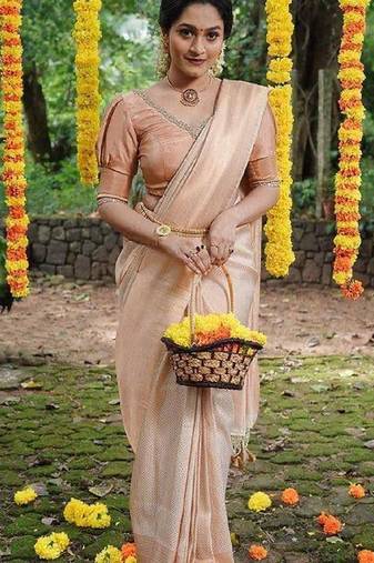 Beige soft silk blend banarasi jacuard work designer party wear saree with unstitched blouse piece