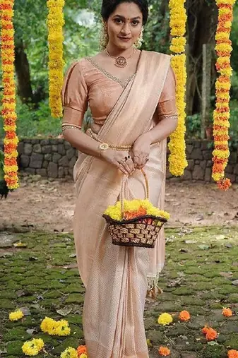 Beige soft silk blend banarasi jacuard work designer party wear saree with unstitched blouse piece