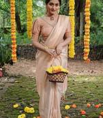 Beige silk blend banarasi saree with unstitched blouse piece