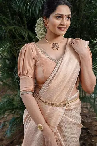 Beige silk blend banarasi saree with unstitched blouse piece