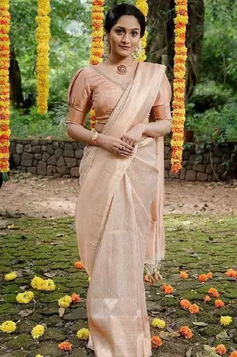Beige silk blend banarasi saree with unstitched blouse piece
