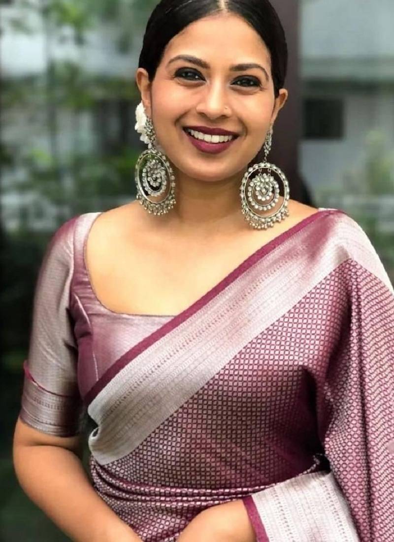 Wine soft silk blend banarasi jacuard work designer party wear saree with unstitched blouse piece