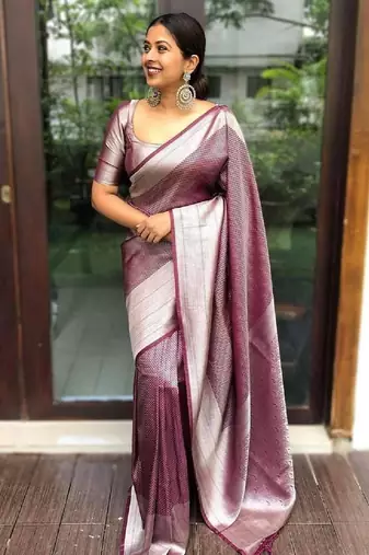 Wine silk blend banarasi saree with unstitched blouse piece