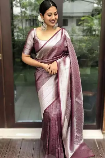 Wine silk blend banarasi saree with unstitched blouse piece