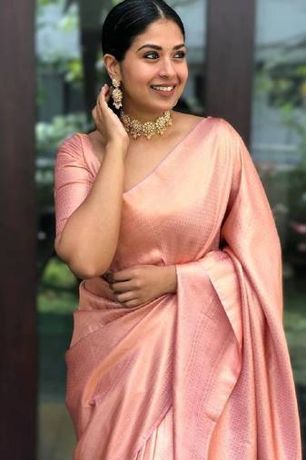 Peach soft silk blend banarasi jacuard work designer party wear saree with unstitched blouse piece