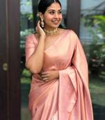 Peach soft silk blend banarasi jacuard work designer party wear saree with unstitched blouse piece