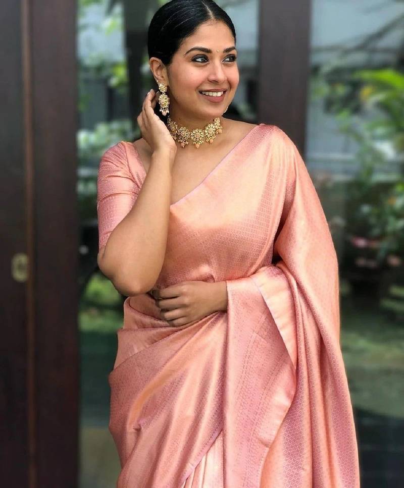 Peach soft silk blend banarasi jacuard work designer party wear saree with unstitched blouse piece