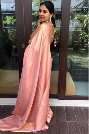 Peach silk blend banarasi saree with unstitched blouse piece