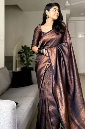 Black silk blend banarasi saree with unstitched blouse piece