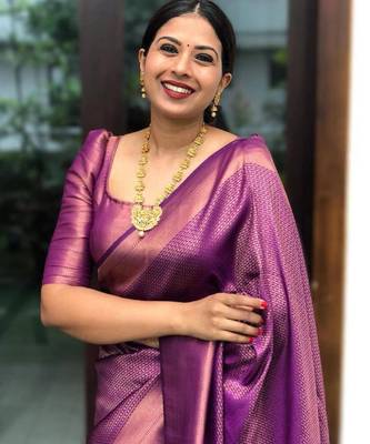 Purple silk blend banarasi saree with unstitched blouse piece 1