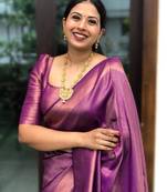 Purple silk blend banarasi saree with unstitched blouse piece