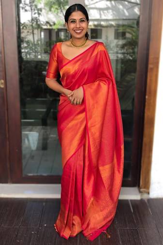 Red soft silk blend banarasi jacuard work designer party wear saree with unstitched blouse piece