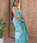 Sky blue silk blend banarasi saree with unstitched blouse piece