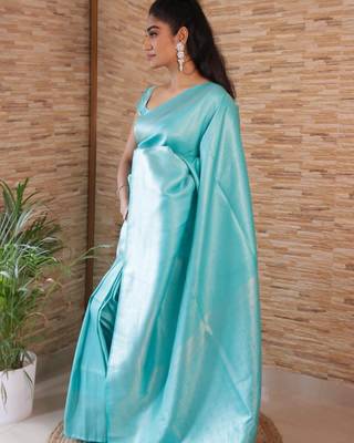 Sky blue silk blend banarasi saree with unstitched blouse piece 2