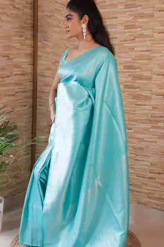 Sky blue silk blend banarasi saree with unstitched blouse piece