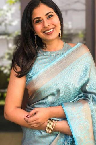 Sky blue soft silk blend banarasi jacuard work designer party wear saree with unstitched blouse piece