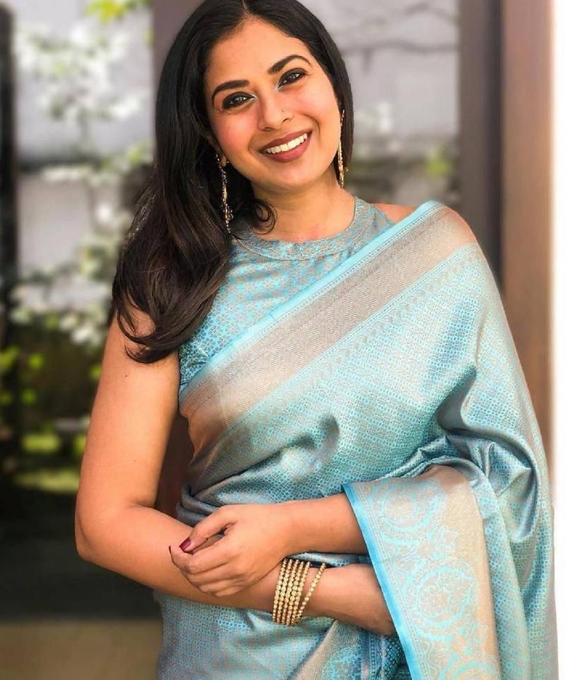 Sky blue soft silk blend banarasi jacuard work designer party wear saree with unstitched blouse piece