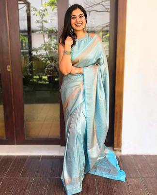 Sky blue silk blend banarasi saree with unstitched blouse piece 2