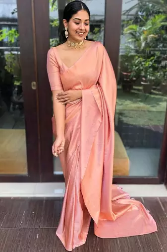 Peach silk blend banarasi saree with unstitched blouse piece